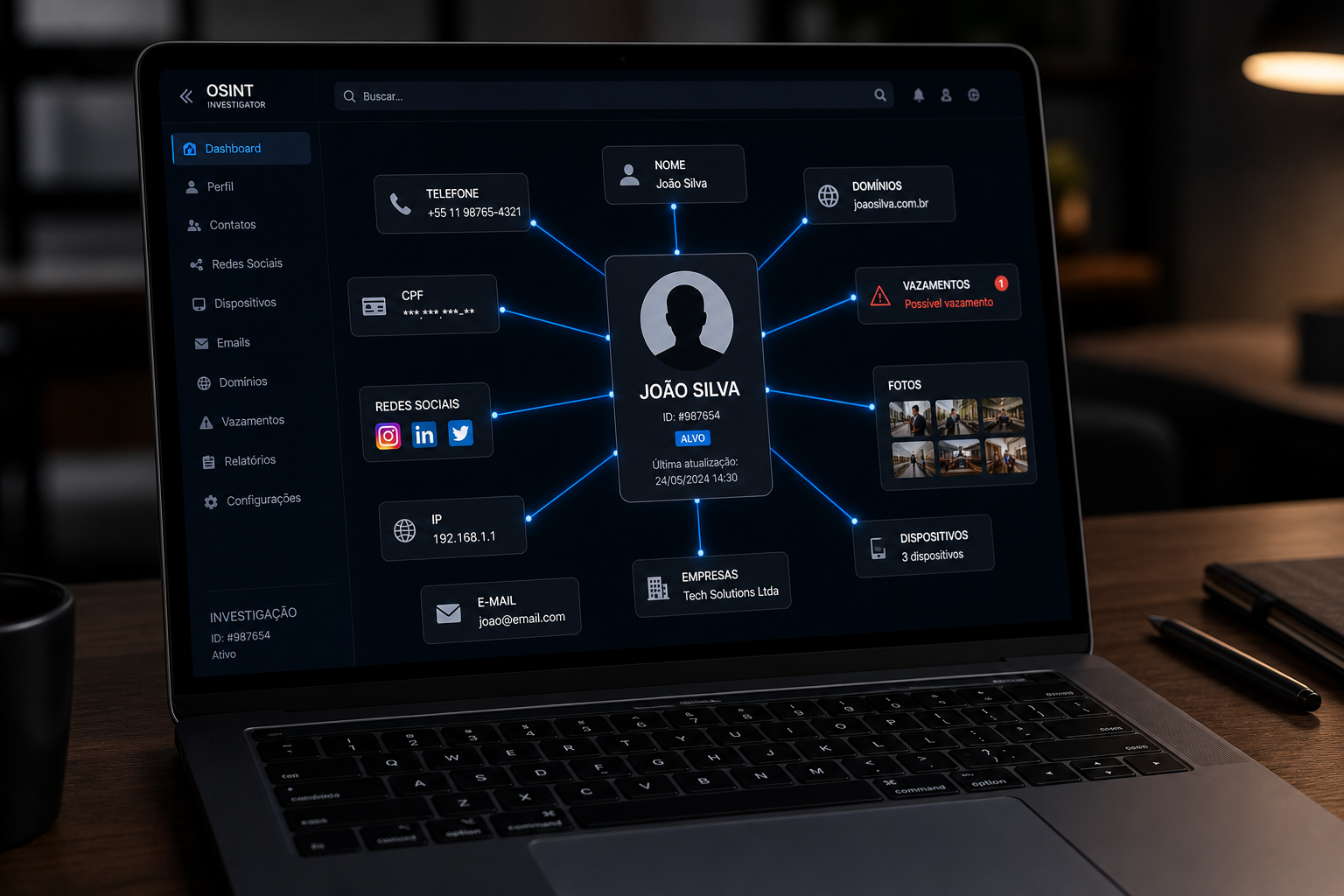 Painel de investigação OSINT mostrando dados conectados: Nome, Telefone, CPF, Redes Sociais, IP, E-mail, Empresas, Domínios, Vazamentos e Fotos em um notebook